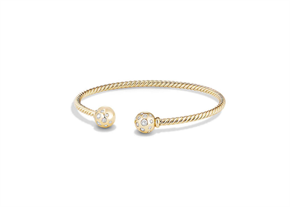 Gold Plated CZ Studded Twisted Open Cuff Bead Bracelet